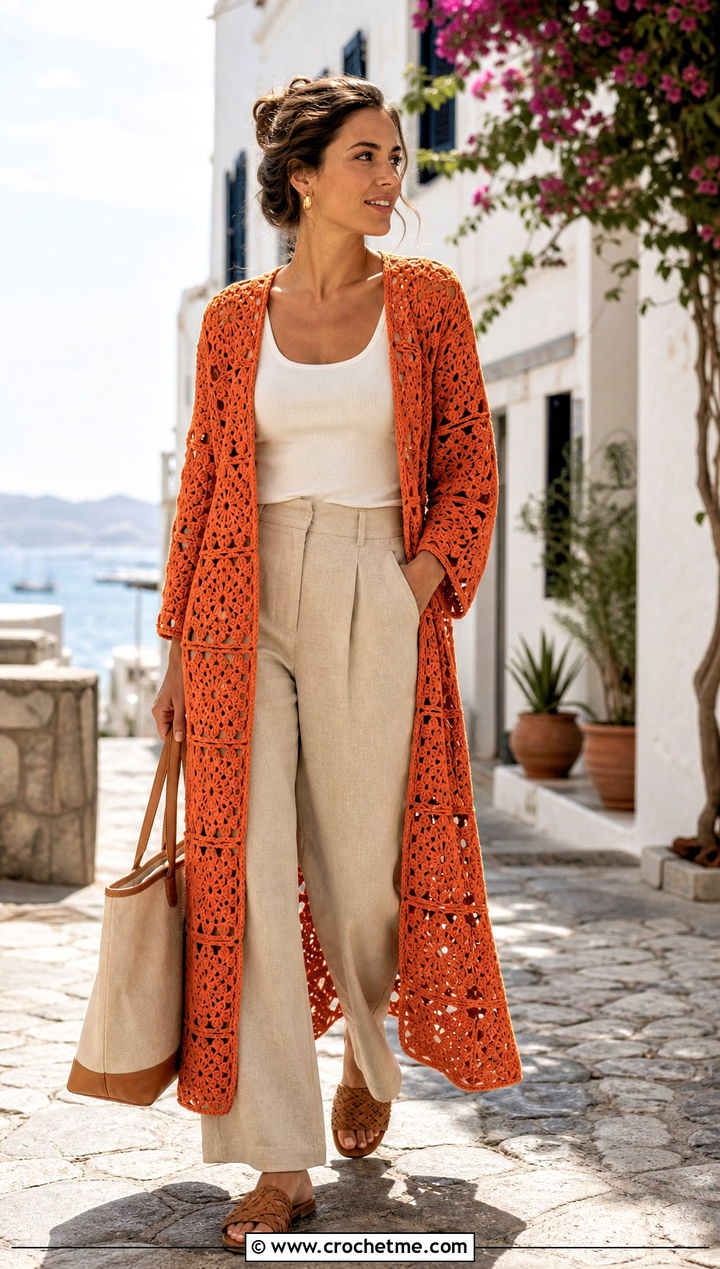 Lacy Granny Square Duster With Linen Pants - 25 Crochet Granny Square Duster outfit ideas