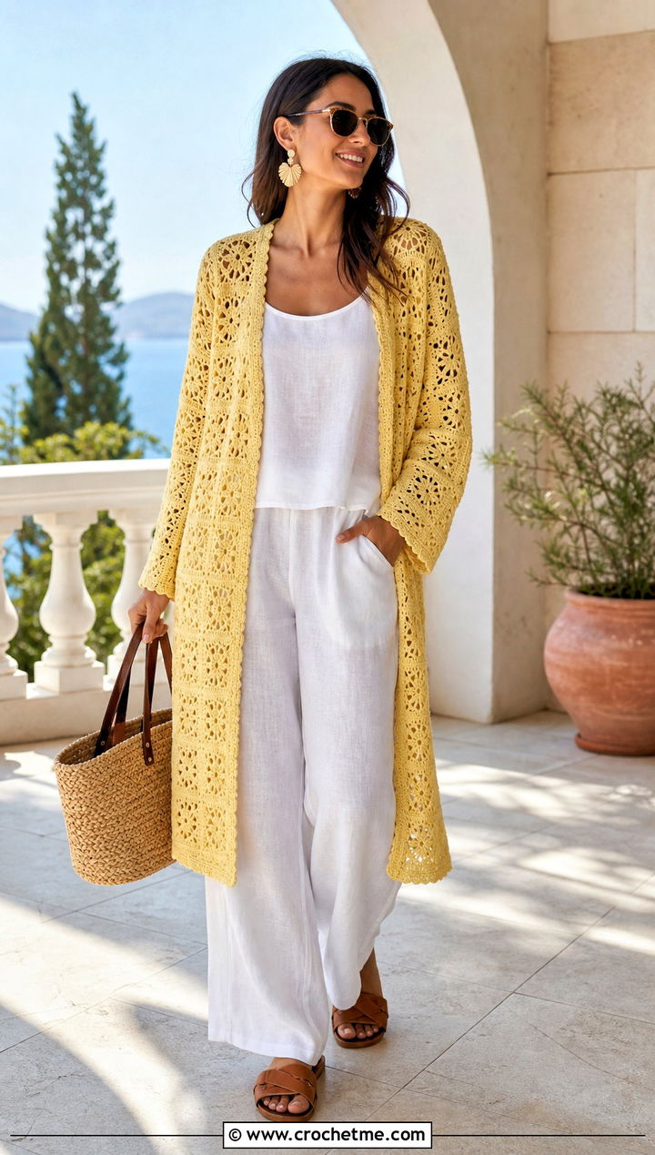 Lacy Granny Square Long Cardigan With Linen Set - 25 crochet granny square long cardigan outfit ideas