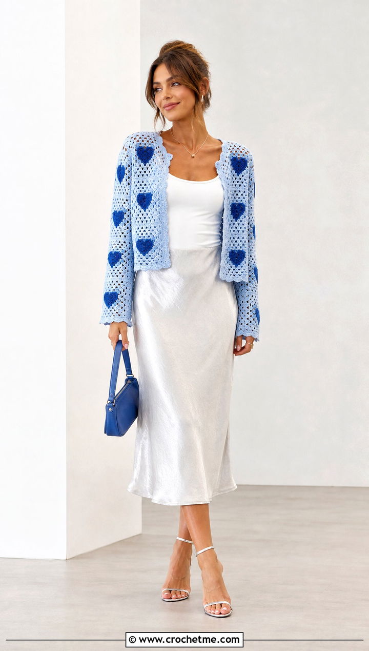 Lacy Heart Granny Square Cardigan With Metallic Midi Skirt - 35 Heart Granny Square Cardigan outfit ideas