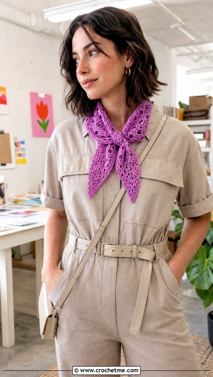 Lacy Heart Scarf With Utility Jumpsuit - 25 crochet heart scarf outfit ideas