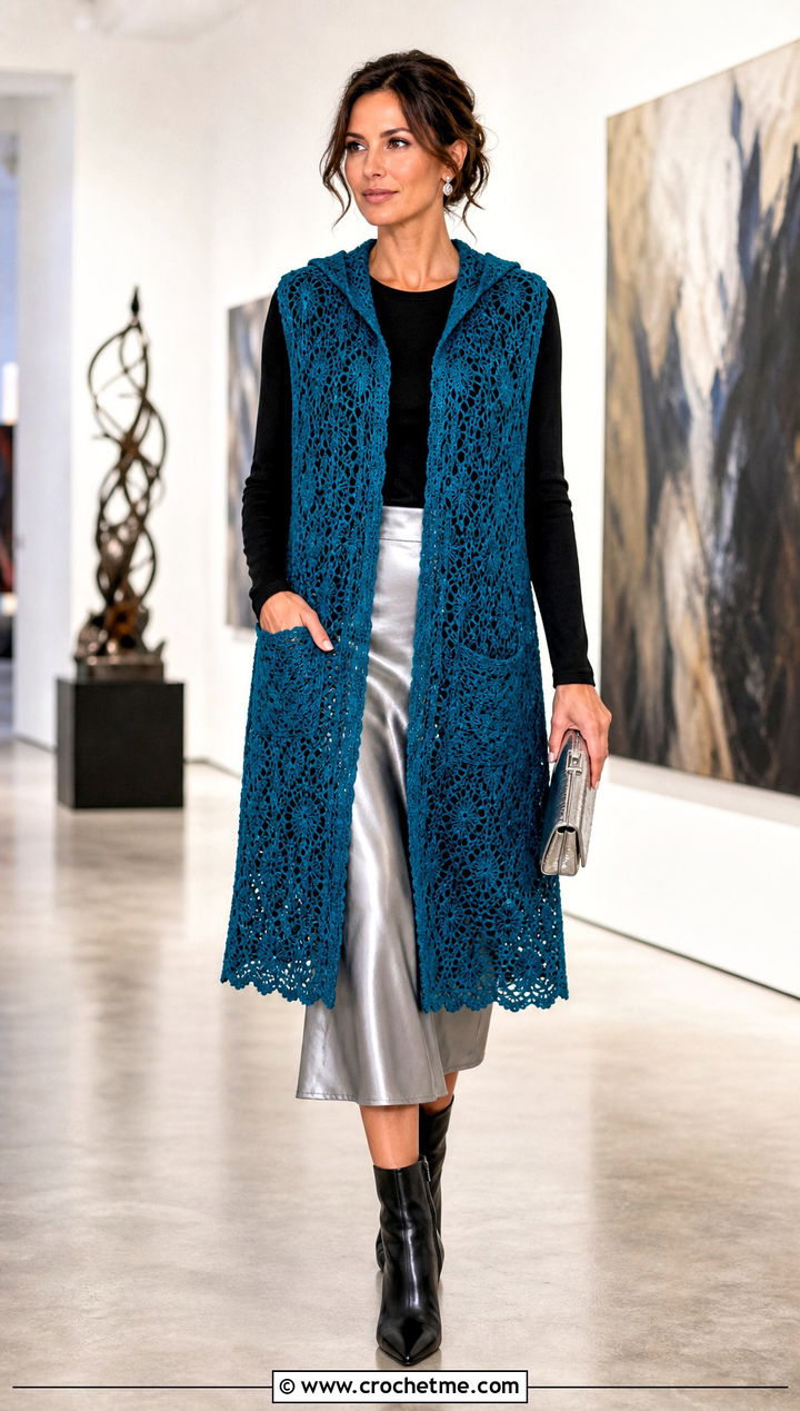 Lacy Hooded Pocket Wrap With Satin Midi Skirt - 35 crochet wrap with pockets outfit ideas