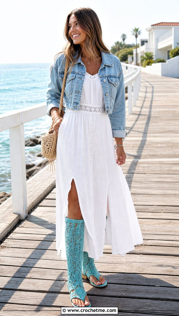 Lacy Knee High Crochet Boots With Flip Flop Soles And Maxi Dress - 15 crochet boots with flip flop soles outfit ideas