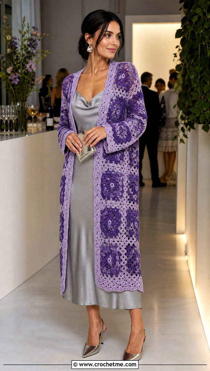 Lacy Long Granny Square Cardigan With Satin Slip Dress - 35 long granny square cardigan outfit ideas