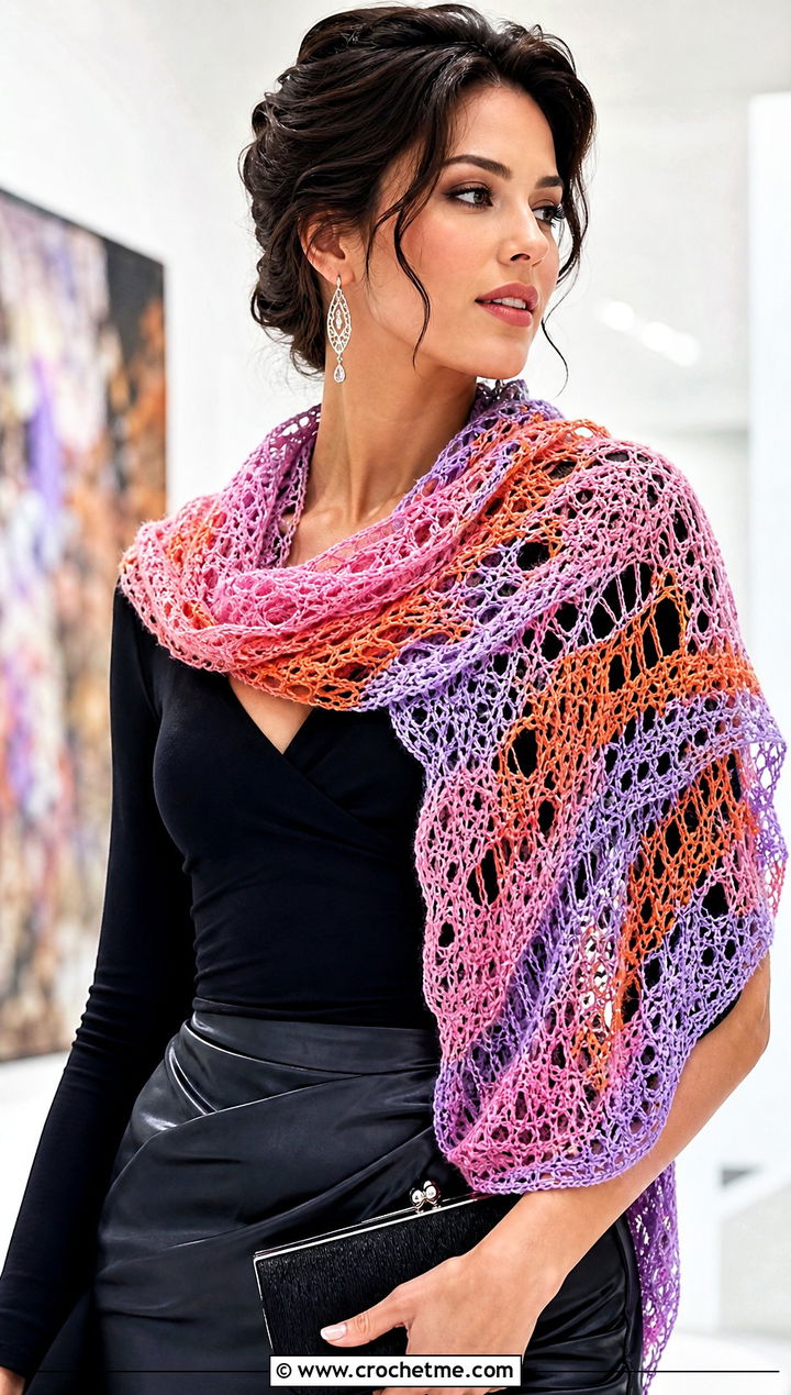 Lacy Mesh Variegated Crochet Scarf With Satin Skirt - 25 Variegated Yarn Crochet Scarf outfit ideas
