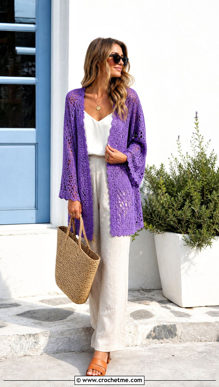 Lacy Rectangle Crochet Cardigan With Linen Pants - 20 Crochet Cardigan From Rectangle outfit ideas