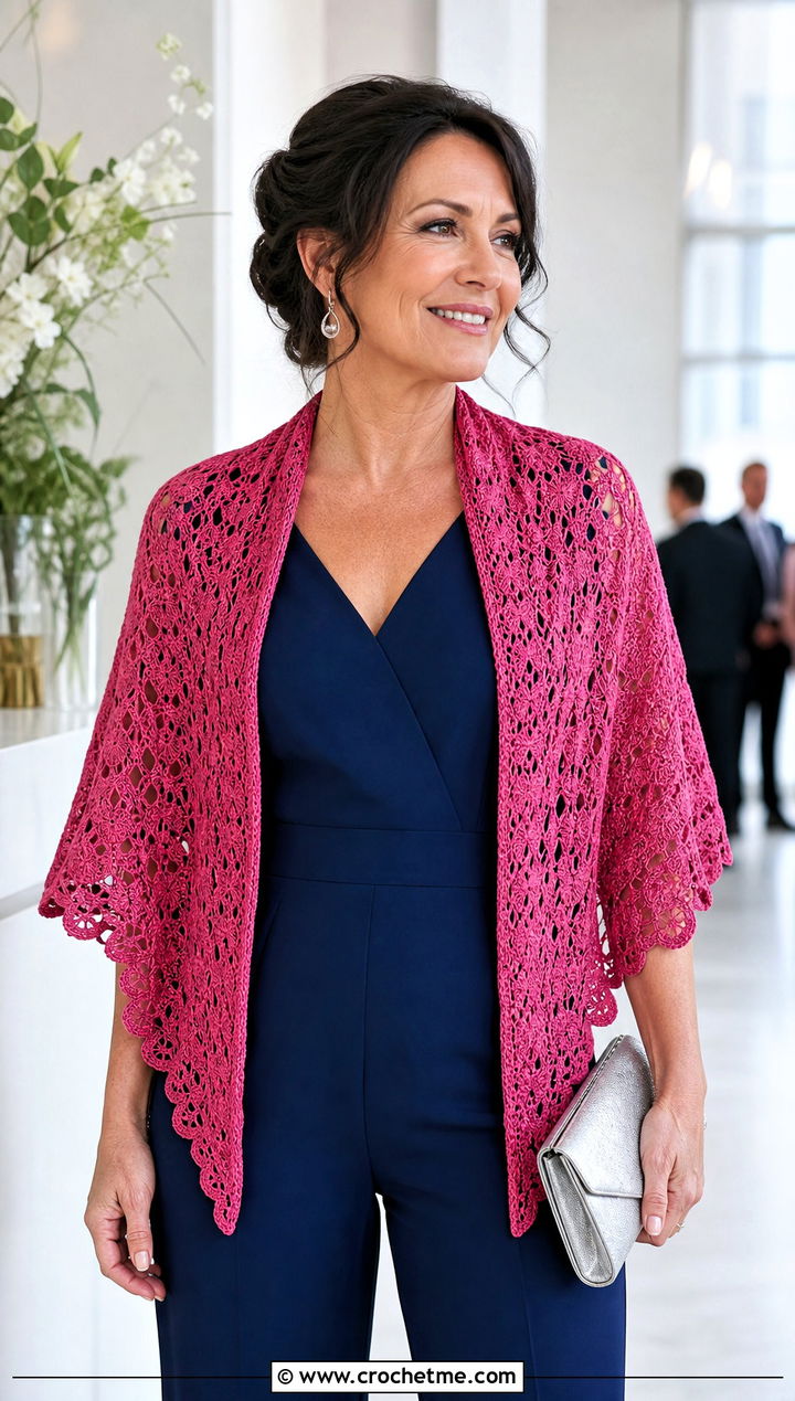 Lacy Scalloped Triangle Shawl With Jumpsuit - 30 easy crochet triangle shawl outfit ideas