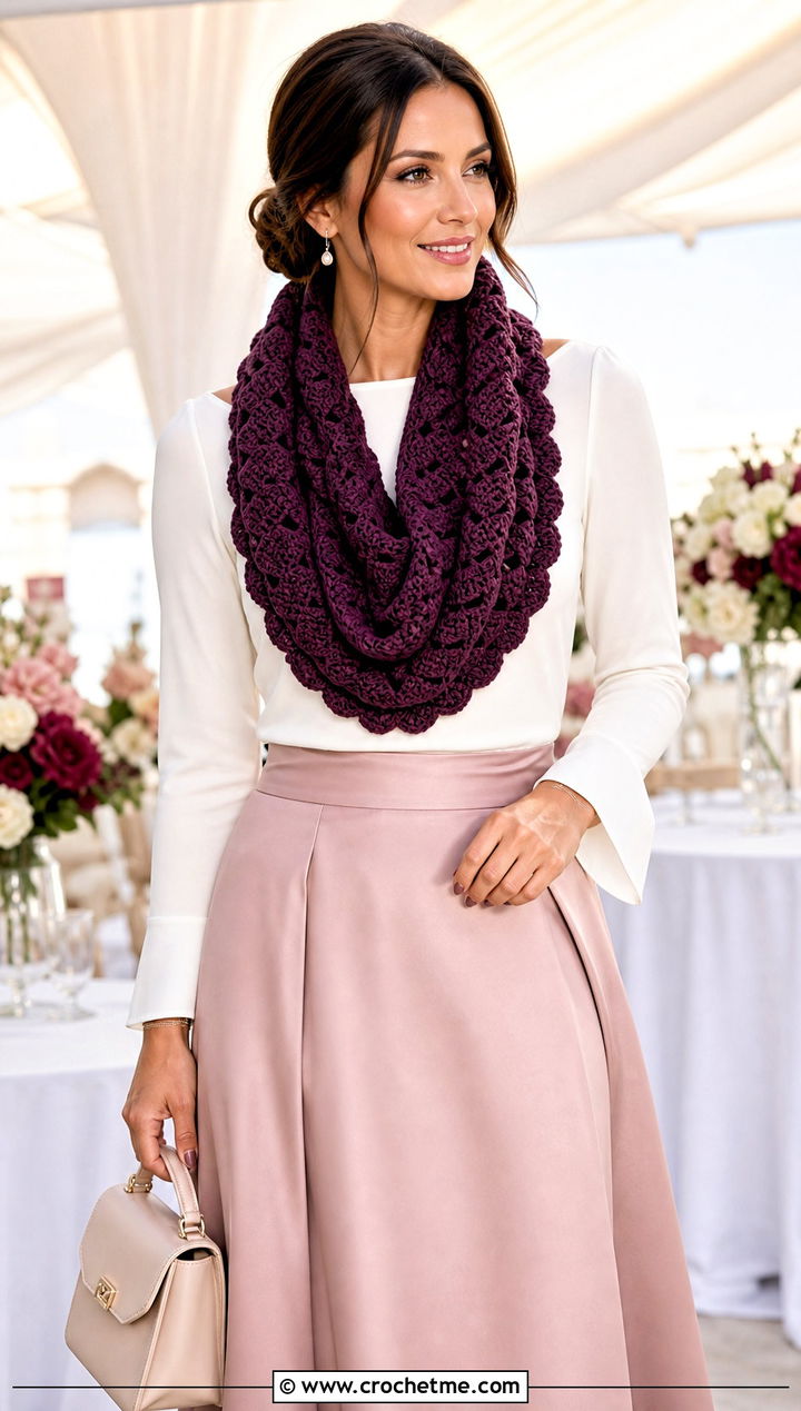 Lacy Shell Stitch Crochet Infinity Scarf With Satin Skirt - 30 crochet infinity scarves outfit ideas