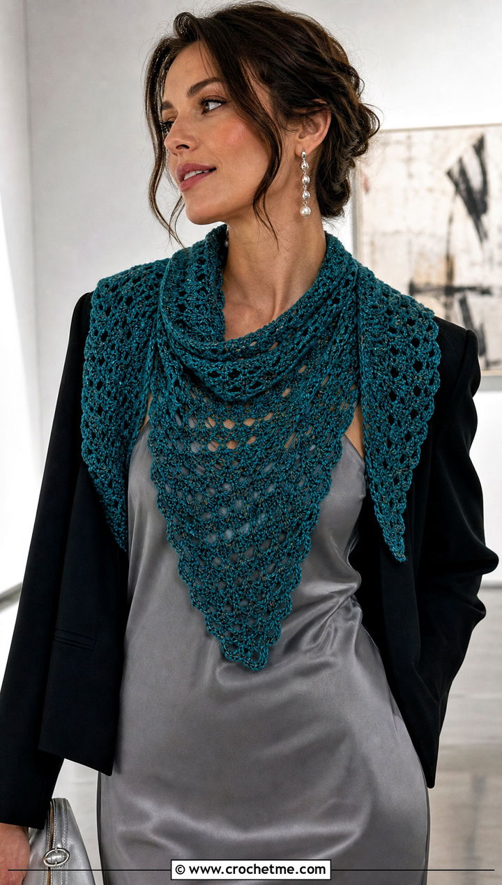 Lacy Shell Triangle Crochet Scarf With Satin Slip Dress - 15 One Skein Triangle Crochet Scarf outfit ideas