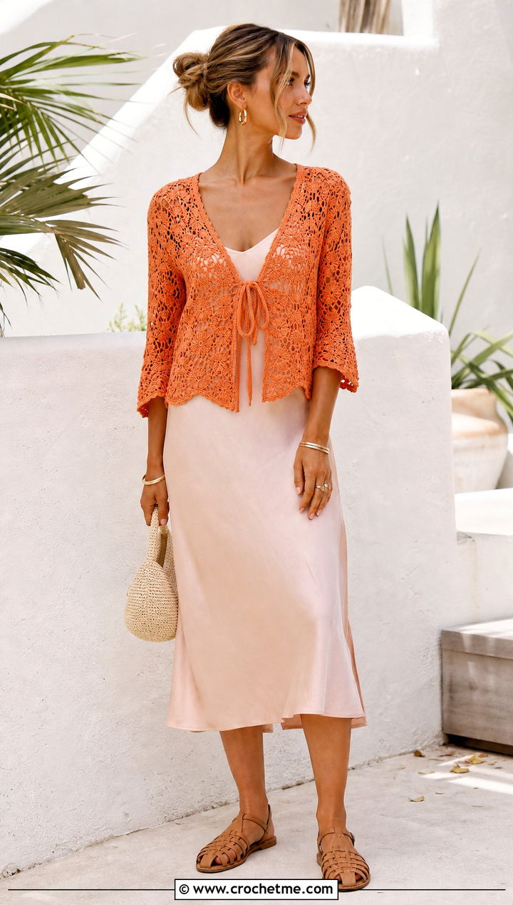 Lacy Tie Front Crochet Top With Slip Dress - 25 crochet lacy summer tops outfit ideas