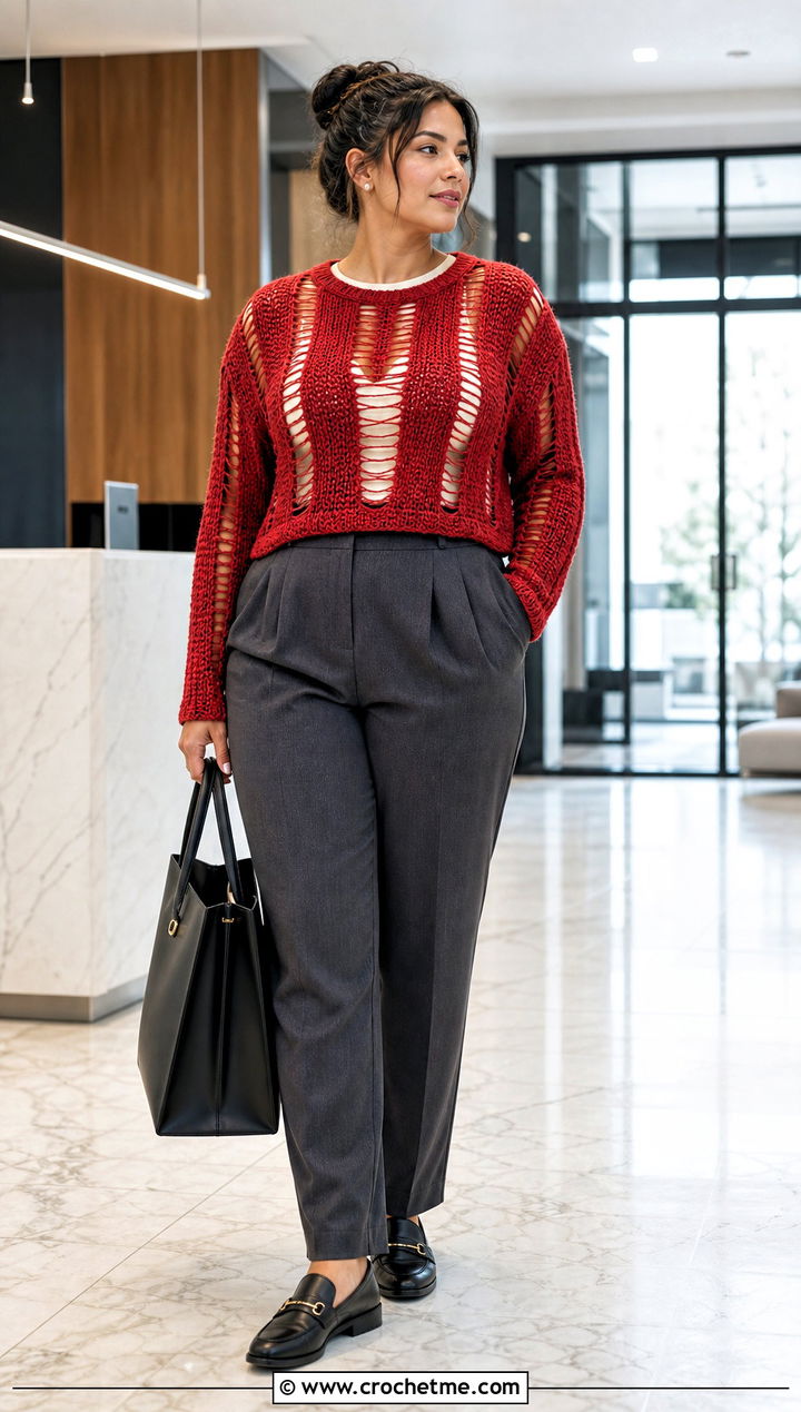 Ladder Stitch Distressed Crochet Sweater With Tailored Trousers - 35 distressed crochet sweater outfit ideas