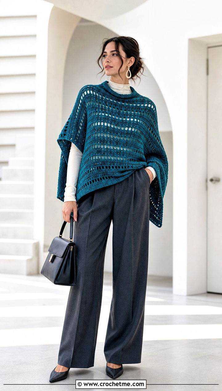 Ladder Stitch Rectangle Crochet Poncho With Wide Leg Trousers - 15 Easy Crochet Poncho From A Rectangle outfit ideas