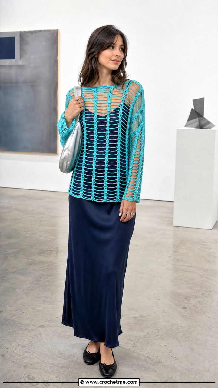Ladder Stitch Sweater With Slip Dress - 35 crochet net sweater outfit ideas