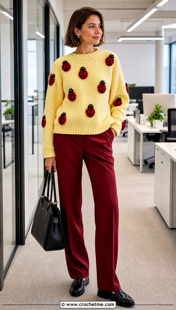 Ladybug Amigurumi Sweater With Red Trousers - 30 amigurumi sweater outfit ideas