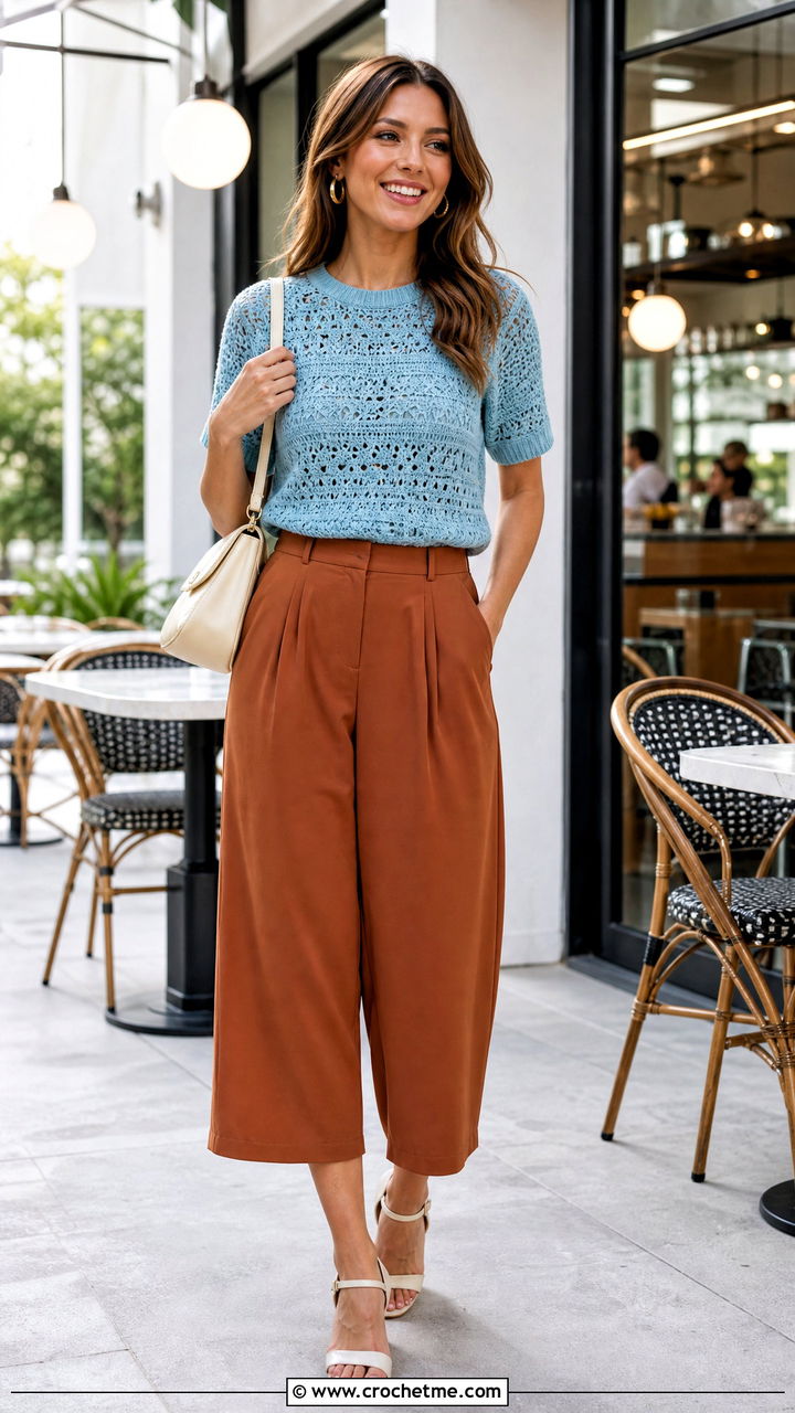 Lagoon Blue Short Sleeve Crochet Sweater With Culottes - 35 blue crochet sweater outfit ideas