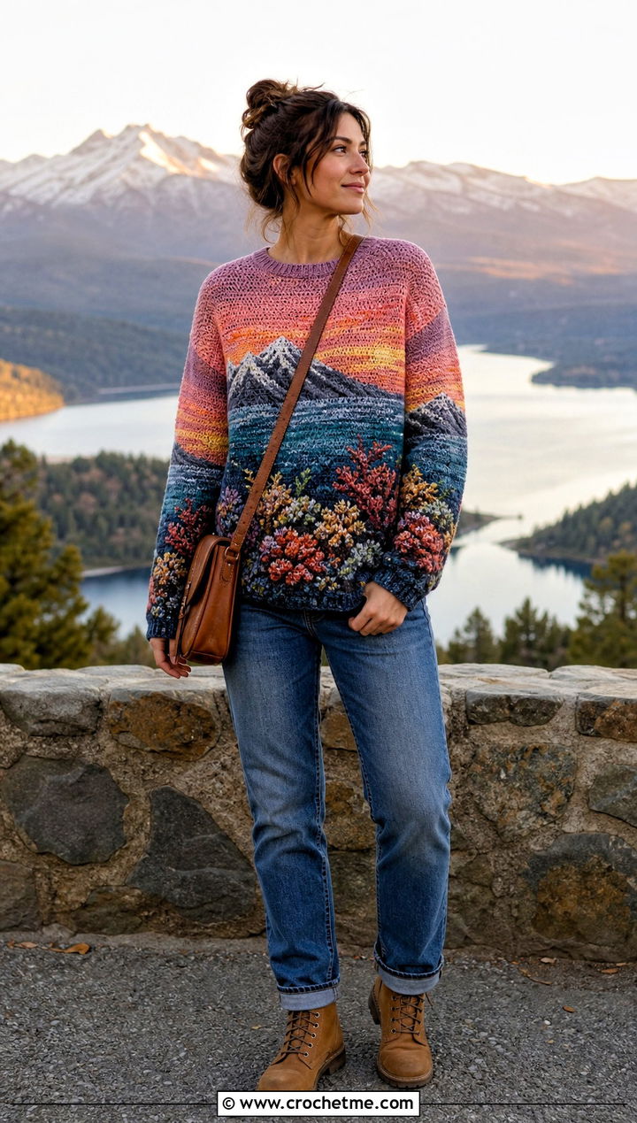 Landscape Crochet Graph Sweater With Straight Leg Jeans - 30 crochet graph sweater outfit ideas