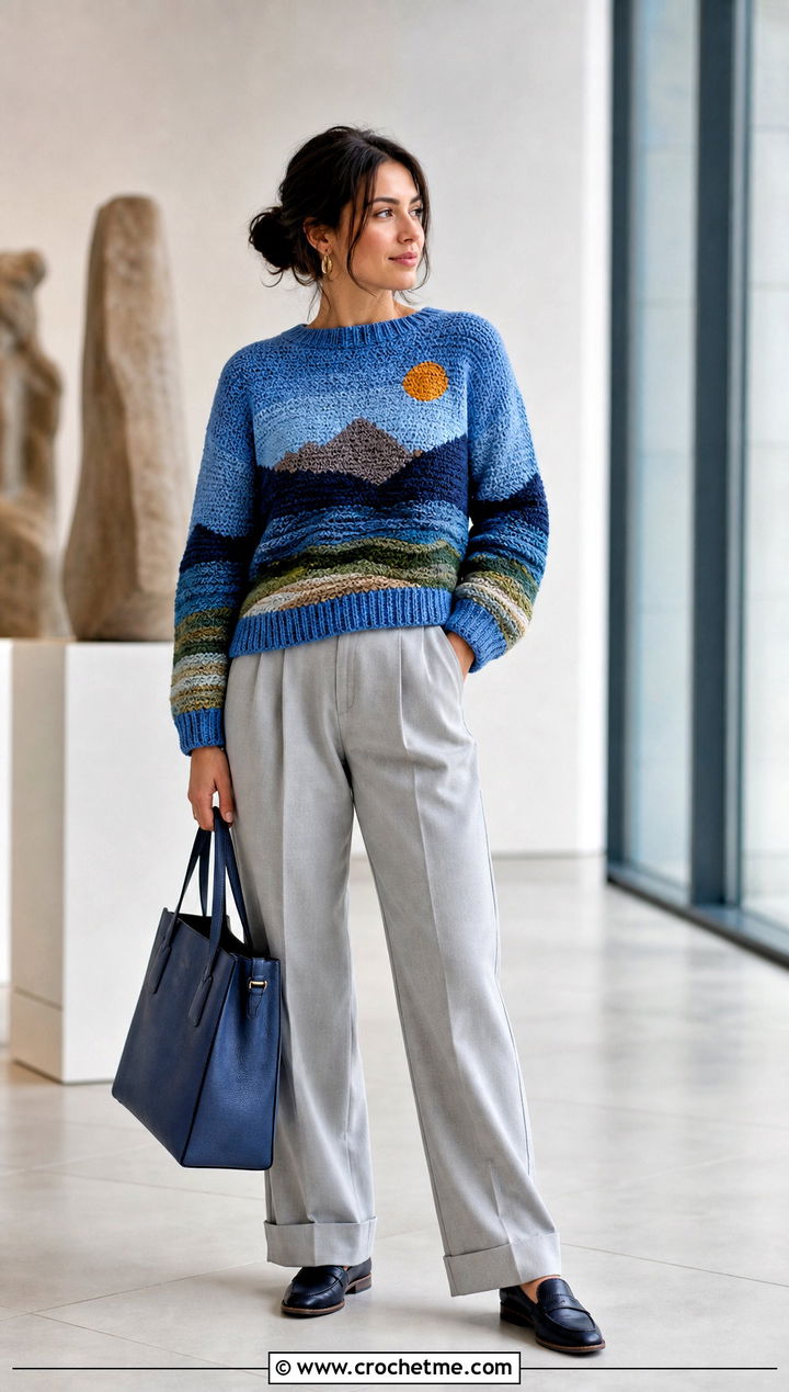 Landscape Crochet Graphic Sweater With Pleated Trousers - 30 crochet graphic sweater outfit ideas