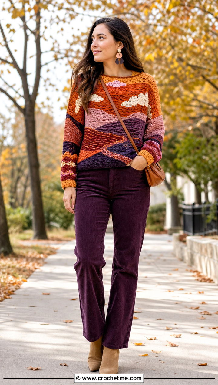 Landscape Motif Sweater With Corduroy Pants - 15 Freeform Crochet Sweater Ideas