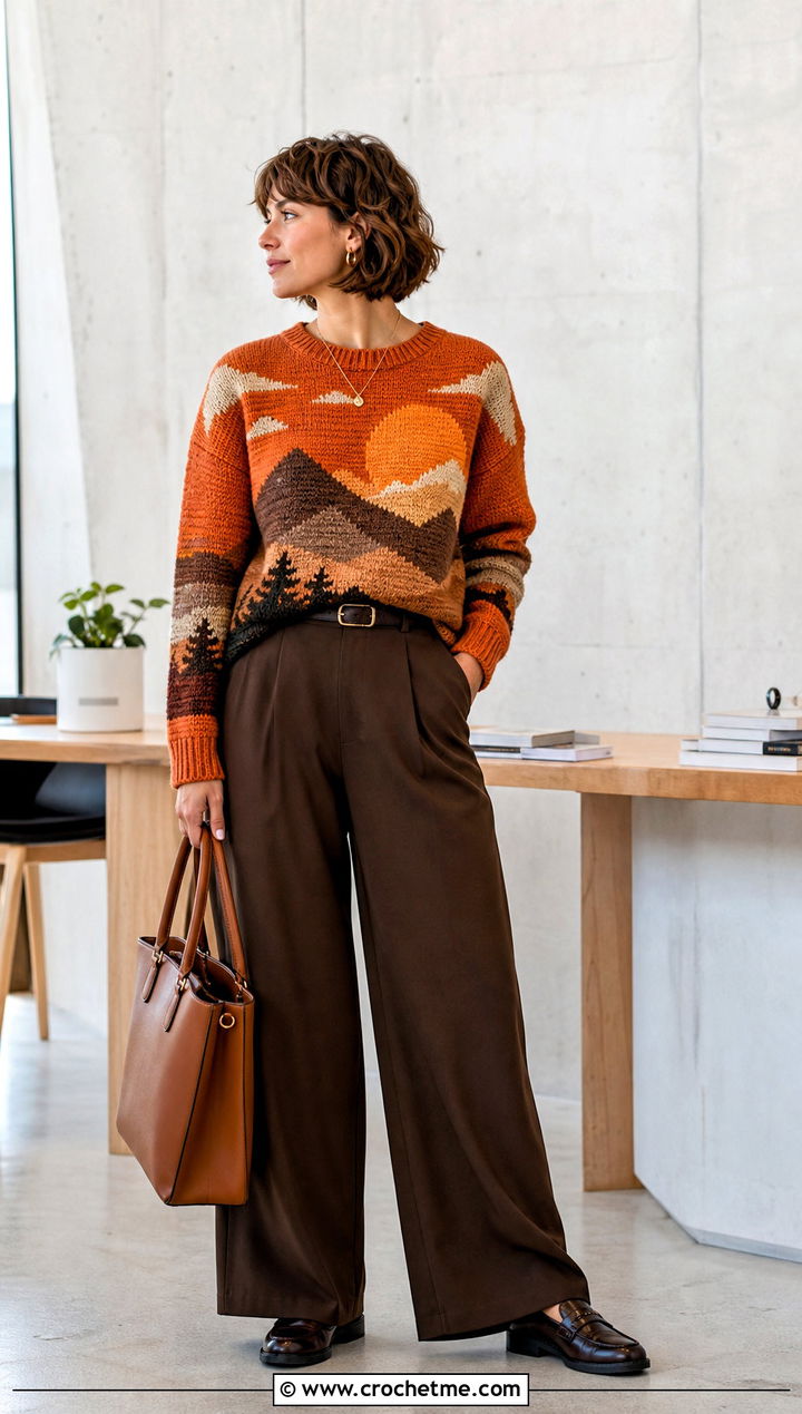 Landscape Tapestry Crochet Jumper With Wide Leg Trousers - 30 Tapestry Crochet Jumper outfit ideas