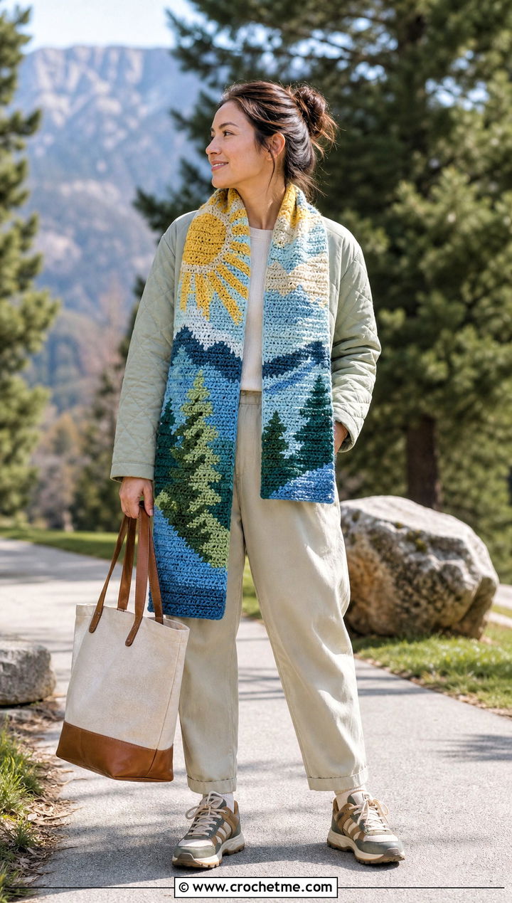 Landscape Tapestry Crochet Scarf With Quilted Jacket - 35 tapestry crochet scarf outfit ideas