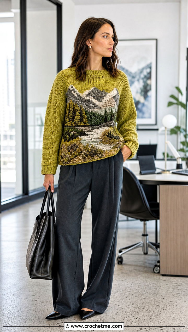 Landscape Tapestry Crochet Sweater With Tailored Trousers - 30 tapestry crochet sweater outfit ideas