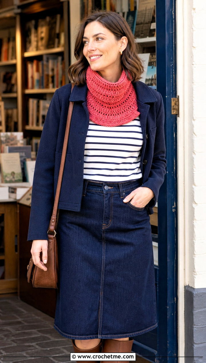 Lansdowne Crochet Cowl With Denim Midi Skirt - 15 lansdowne crochet cowl outfit ideas