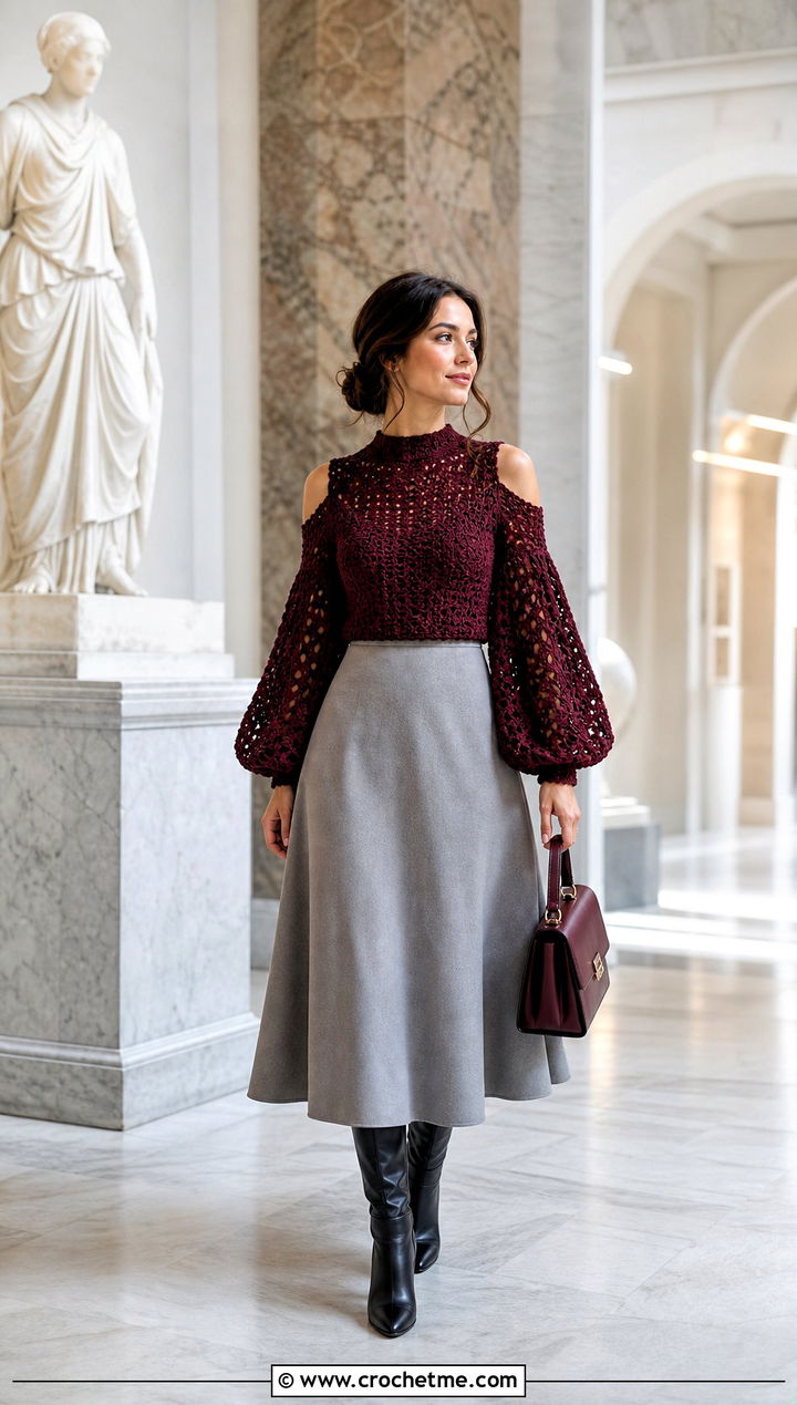 Lantern Sleeve Crochet Cold Shoulder Top With A Line Skirt - 35 crochet cold shoulder top outfit ideas