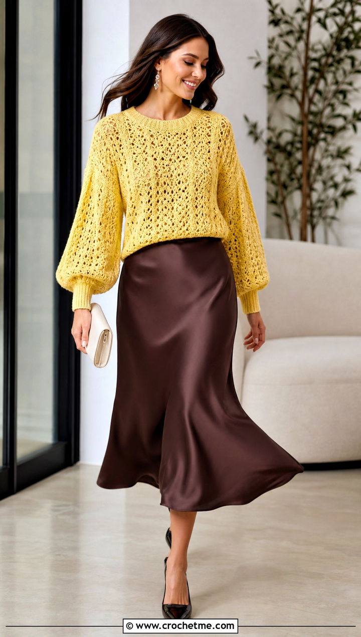 Lantern Sleeve Crochet Sweater With Satin Midi Skirt - 15 Puffy Crochet Sweater outfit ideas