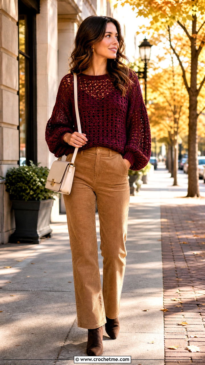 Lantern Sleeve Crochet Top With Corduroy Pants - 35 crochet full sleeve top outfit ideas