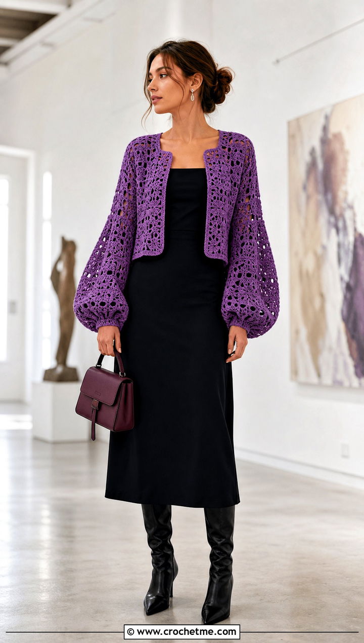 Lantern Sleeve Square Jacket With Black Midi Dress - 30 crochet square jacket outfit ideas