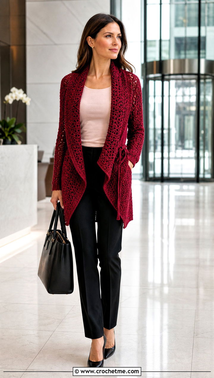 Lapel Crochet Wrap Cardigan With Trouser Suit - 35 crochet wrap with sleeves outfit ideas