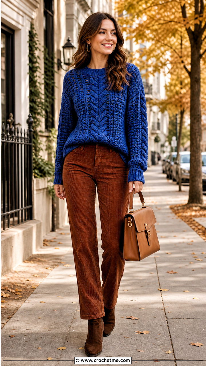 Lapis Blue Cable Crochet Sweater With Corduroy Pants - 35 blue crochet sweater outfit ideas