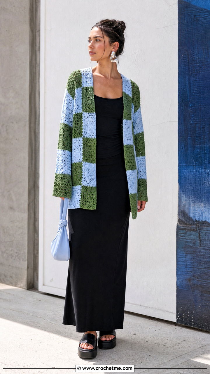 Large Check Crochet Checkered Cardigan With Black Maxi Skirt - 35 crochet checkered cardigan outfit ideas
