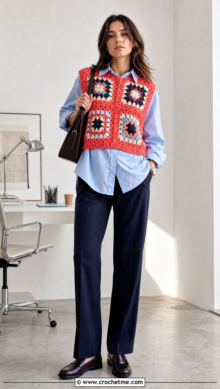 Large Granny Square Sweater Vest With Button Down Shirt - 35 large granny square sweater outfit ideas