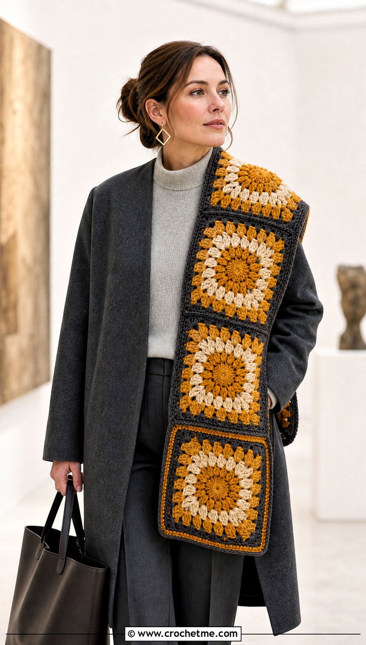 Large Motif Granny Square Scarf With Minimal Coat and Trousers - 25 granny square scarves outfit ideas
