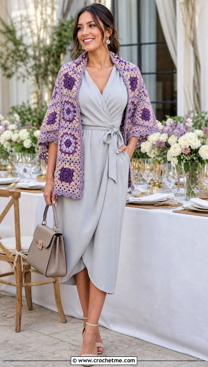 Large Motif Granny Square Shawl With Wrap Dress - 35 granny square shawl outfit ideas