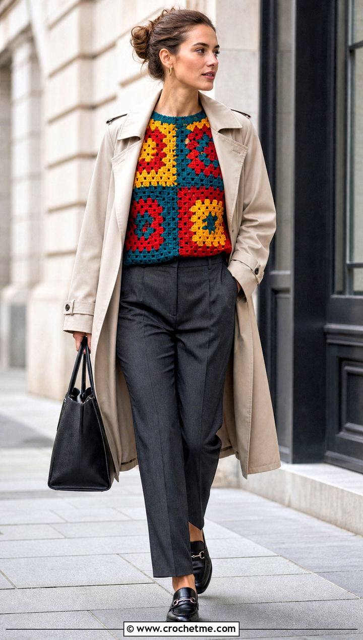 Large Motif Patchwork Sweater With Trench Coat And Trousers - 30 crochet patchwork sweater outfit ideas