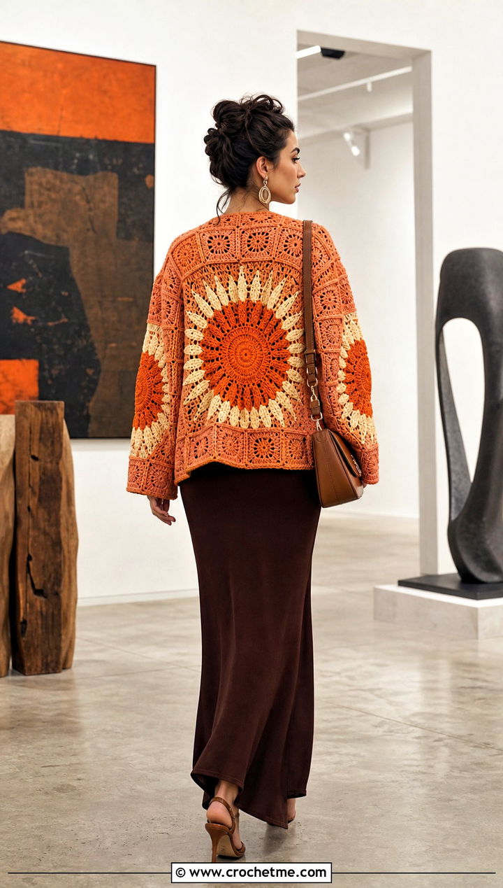 Large Motif Square Jacket With Column Dress - 30 crochet square jacket outfit ideas