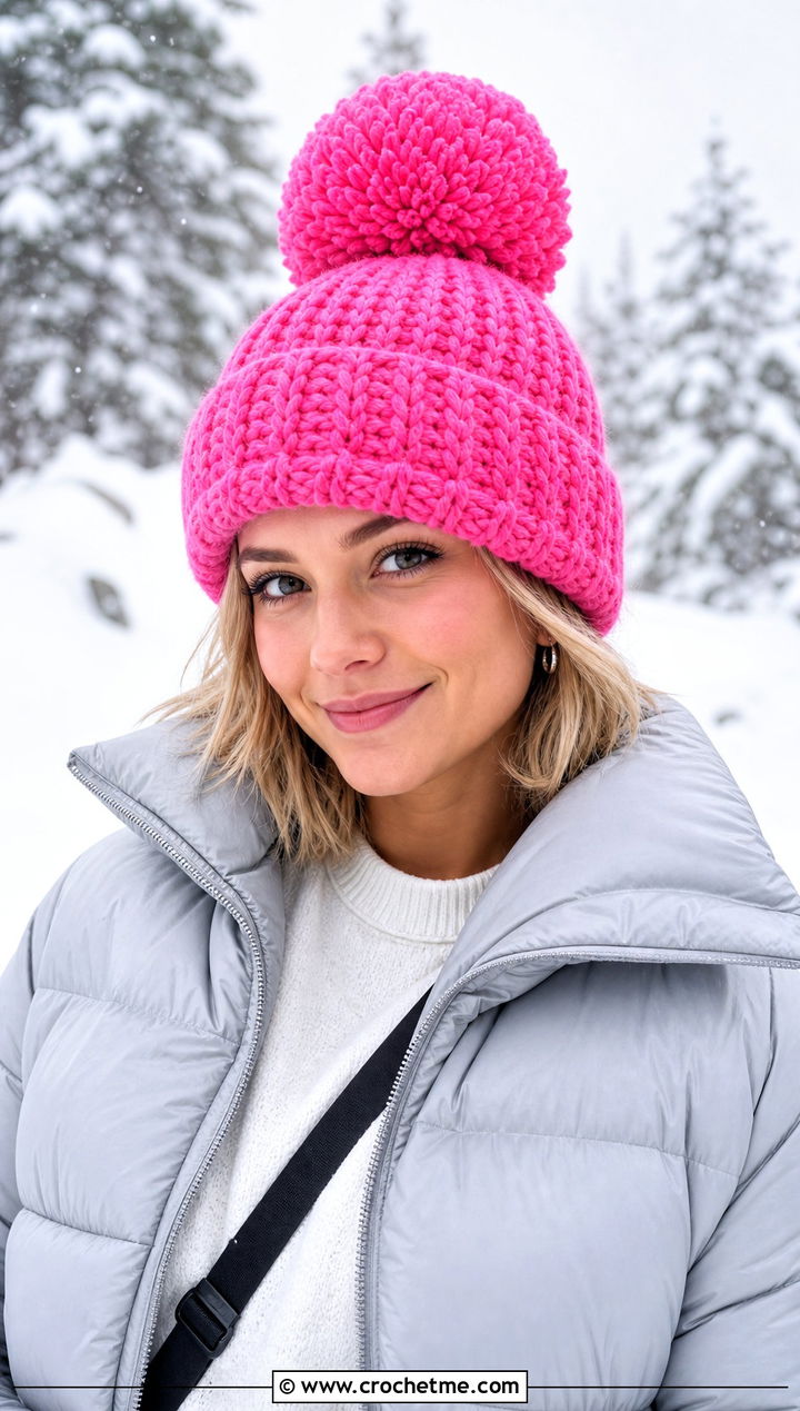 Large Pom Pom Crochet Beanie With Puffer Jacket - 15 large crochet beanie outfit ideas