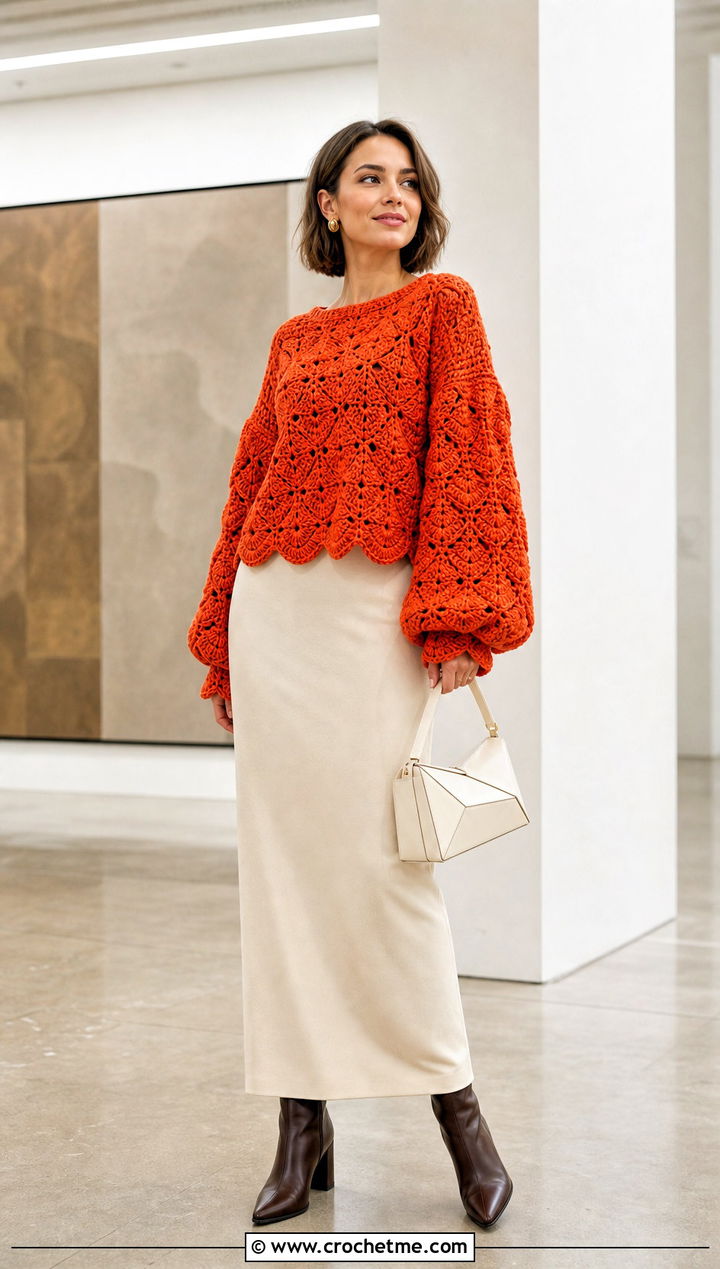 Large Shell Stitch Crochet Sweater With Column Skirt - 25 Shell Stitch Crochet Sweater outfit ideas