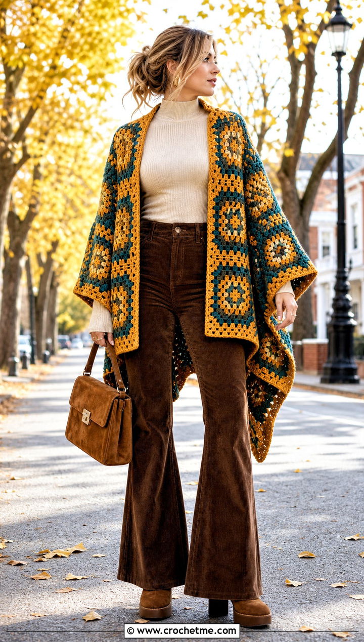 Large Square Granny Square Poncho With Corduroy Flares - 35 granny square poncho outfit ideas