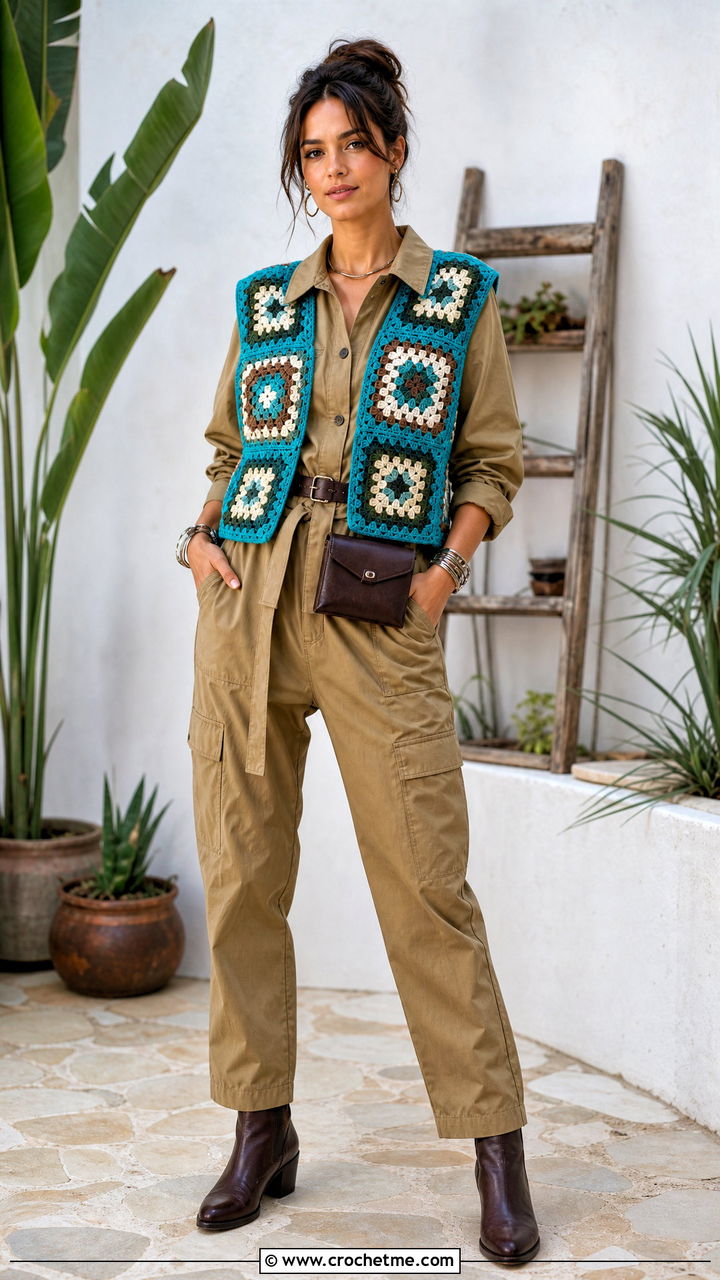Large Square Granny Square Sweater Vest With Utility Jumpsuit - 35 granny square sweater vest outfit ideas