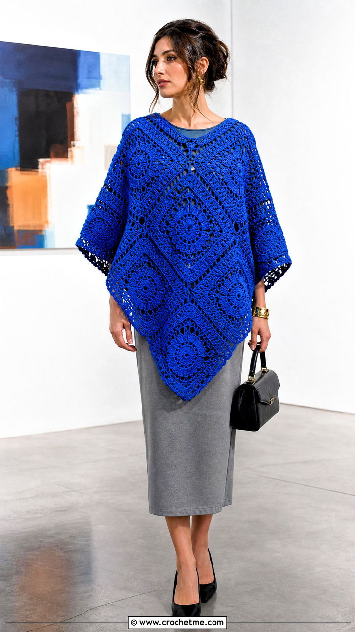 Large Square Poncho With Column Dress - 35 crochet granny square poncho outfit ideas