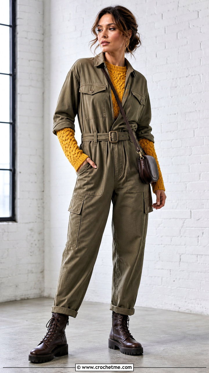 Lattice Cable Sweater With Utility Jumpsuit - 35 crochet cable sweater outfit ideas
