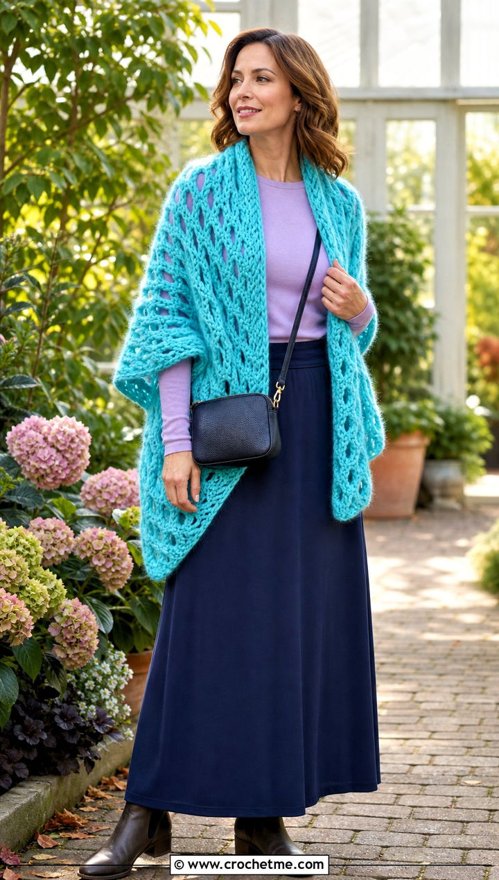 Lattice Chunky Shawl With Maxi Skirt - 25 Crochet Chunky Shawl outfit ideas