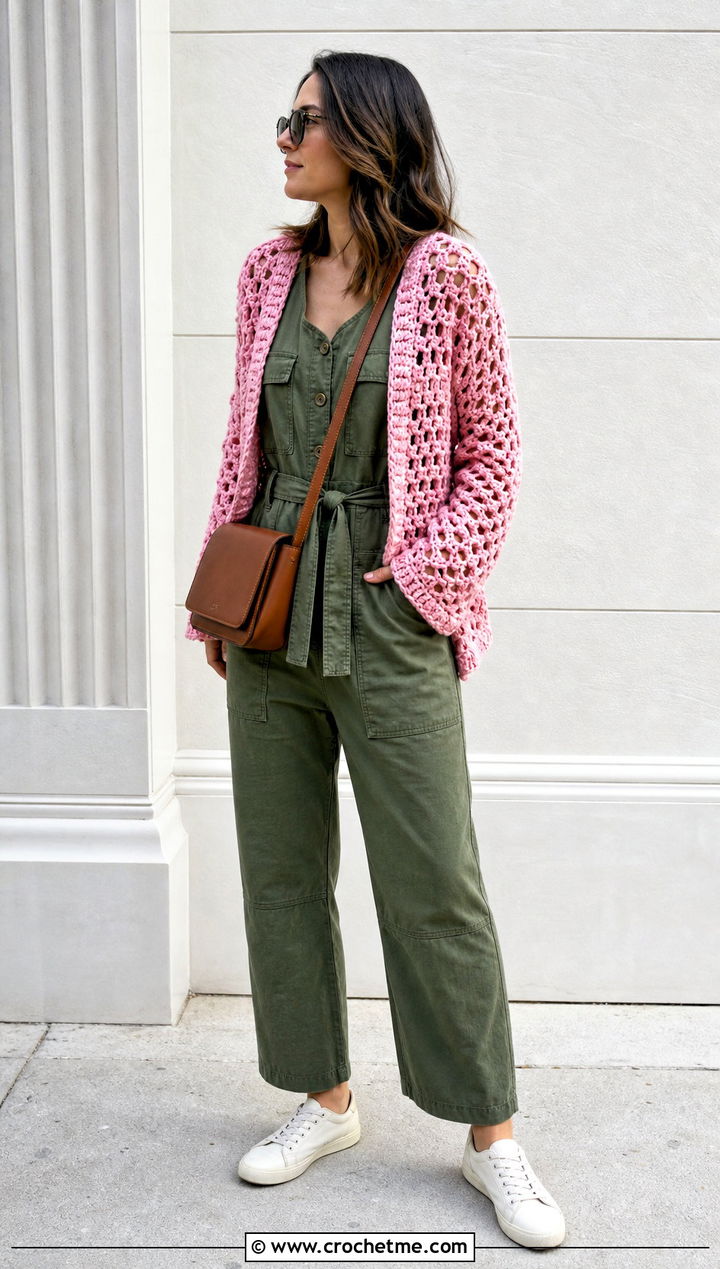 Lattice Crochet Cardigan With Utility Jumpsuit - 30 Crochet Lightweight Cardigan outfit ideas