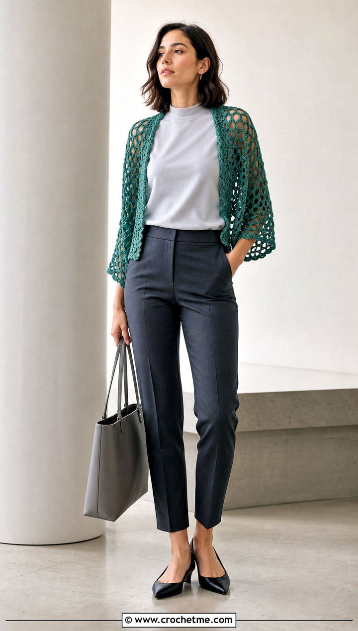 Lattice Crochet Lace Shrug With Straight Pants - 35 crochet lace shrug outfit ideas
