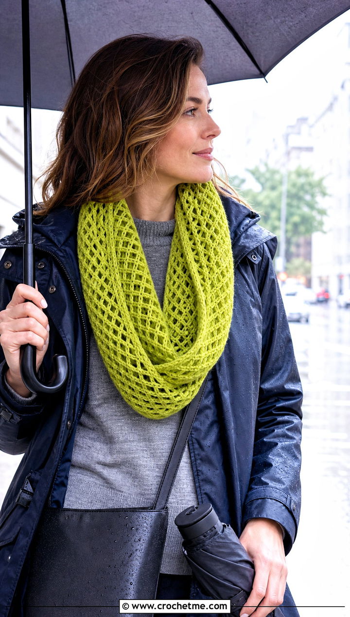 Lattice Crochet Mbius Scarf With Raincoat - 20 Crochet Loop Scarf outfit ideas