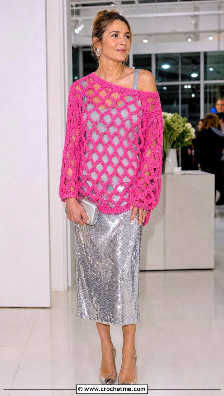 Lattice Crochet Mesh Sweater With Sequin Midi Skirt - 35 oversized crochet mesh sweater outfit ideas