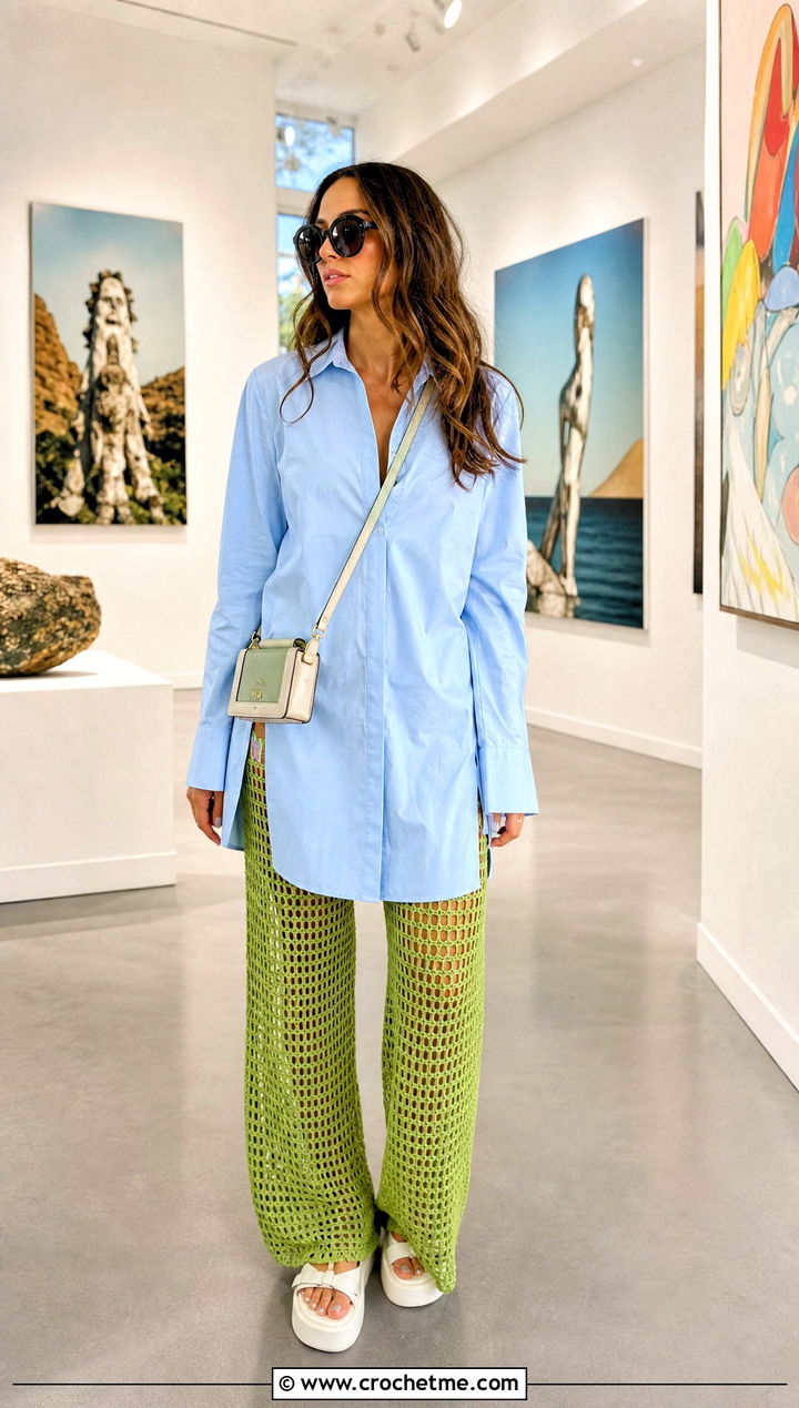 Lattice Crochet Pants With A Mini Shirt Dress - 35 Summer Crochet Pants Outfit ideas
