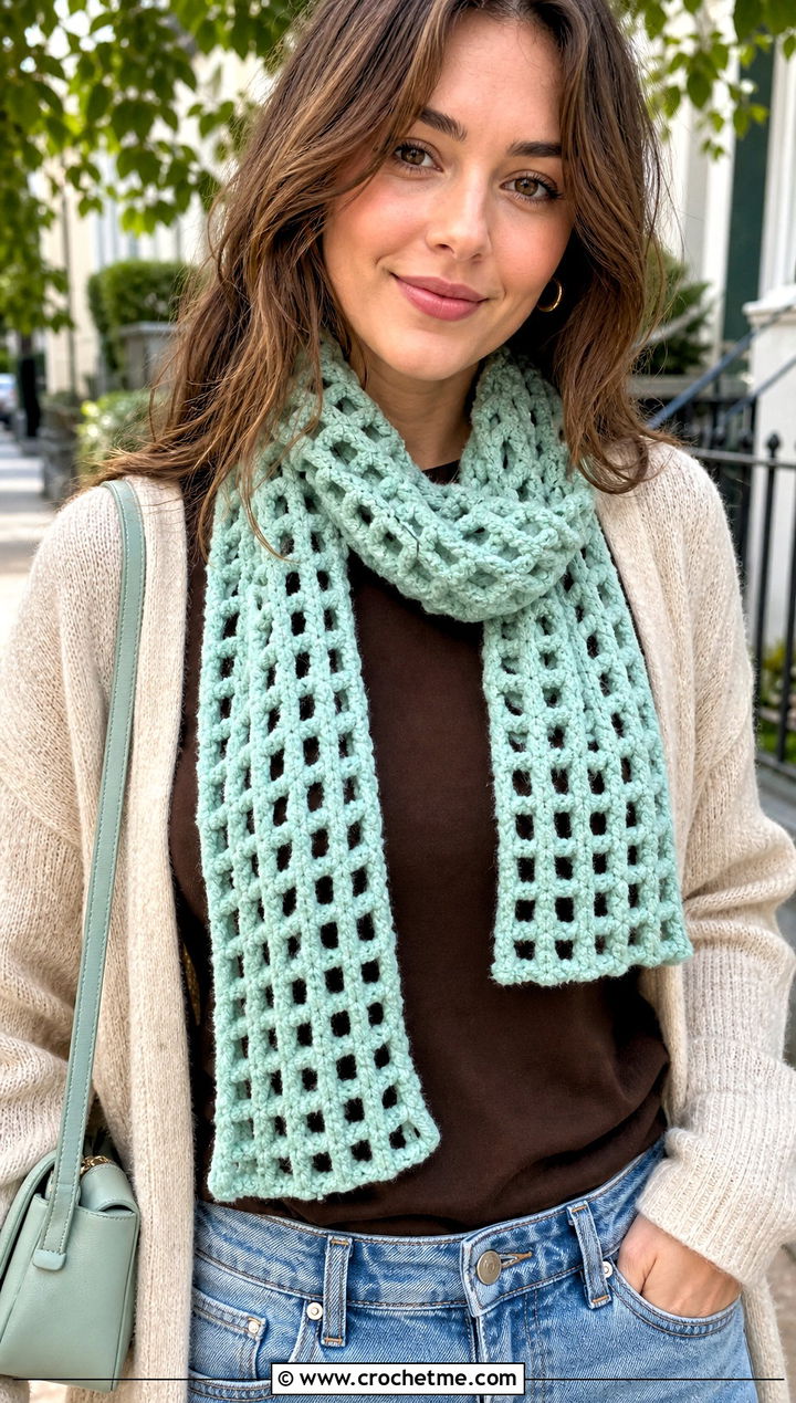 Lattice Crochet Velvet Scarf With Cardigan And Jeans - 25 Crochet Velvet Scarf outfit ideas